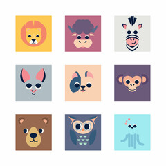 Cute animal portraits. Great for designing baby clothes, posters, avatar, icon,cards, pattern for fabrics, wrapping paper, wallpaper, postcards. Vector illustration in flat, simple, geometric style.