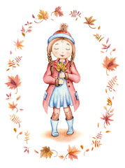 Girl with a maple leaf. Hand drawn watercolor illustration. 