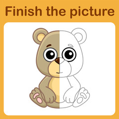 Connect the dot and complete the picture. Simple coloring bear. Drawing game for children