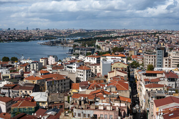 Fototapeta na wymiar ISTANBUL, TURKEY - OCTOBER 12 ,2021: Istanbul city view from Galata tower in Turkey. Golden Horn bay of Istanbul and Ataturk Bridge and Halic Bridge