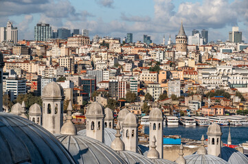 ISTANBUL, TURKEY - OCTOBER 12 ,2021: View from Suleymaniye Mosque to Galata district and Galata Tower. Galata tower. Istanbul city aerial view. Istanbul City Scenery