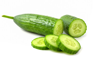 Cucumber and slices isolated over white background.