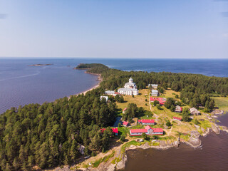 Fototapeta na wymiar Kiy Island in the White Sea. Kiysky monastery. Russia, Arkhangelsk region, Onezhsky district 