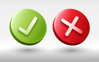 3d check mark and cross icon vector. Yes and no buttons