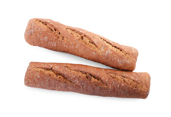 Tasty rye baguettes on white background, top view. Fresh bread