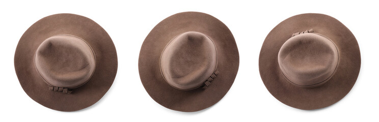 Set with stylish hats on white background, top view. Banner design