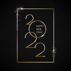 Fototapeta na wymiar Happy new 2022 year postcard. Gold text with frame for banner or poster design. Minimalistic text template. Vector