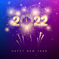 Happy New Year 2022. New Years banner with golden numbers firework and color background. Greeting card text design. Vector