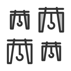Pixel-perfect linear icon of gantry crane built on two base grids of 32x32 and 24x24 pixels. The initial base line weight is 2 pixels. In two-color and one-color versions. Editable strokes