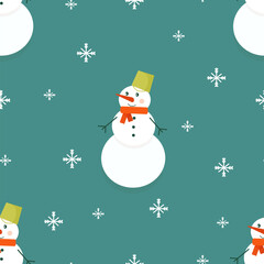 Seamless pattern with festive snowman background to illustrate Christmas  Winter pattern with snowflakes. Christmas and New Year bright decor in cartoon style.