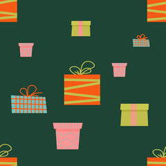 Seamless pattern with colorful flat present box. Holiday background with gift boxes for xmas or birthday illustration. New Year's and Christmas bright decor in cartoon style. 