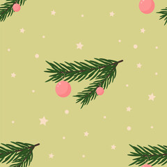 Christmas seamless green pattern with Christmas tree branches and Christmas toys. Printing for gift wrapping Happy New Year and Merry Christmas. Vector vintage Illustration Vector vintage illustration