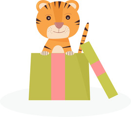 Cute little cartoon tiger in a Christmas gift box. Happy Chinese New Year 2022 festive design Flat vector illustration on a green background