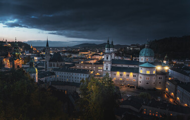 Aerial view of Salzburg Cathedral at night - Salzburg, Austria