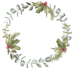 Watercolor Christmas wreath.Hand painted fir border with eucalyptus leaves isolated on white background.