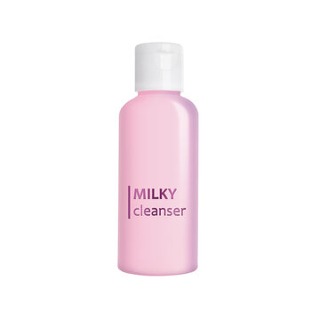 Bottle Of Milky Cleanser Isolated On White. Makeup Remover