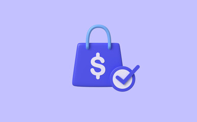 Shopping Bag with check mark on isolate background, 3D rendering.