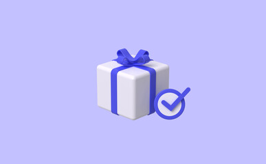 Minimal Gift Box with check mark on purple background, 3D rendering.