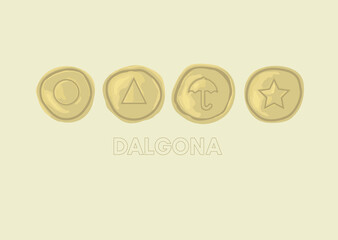 Dalgona. Traditional Korean lollipops. Sugar candies. Korean game. Sweets from the movie. Umbrella, star, circle and triangle