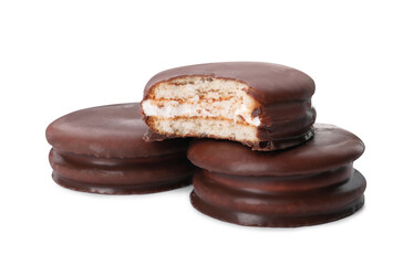 Delicious choco pies on white background. Classic snack cakes