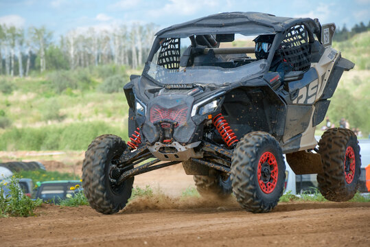 MOSCOW, RUSSIA - MAY 22, 2021: Asimov Shukhrat 757, All-Terrain Vehicle Autocross Competition (SSV), in the first stage of the racing series F7 CHALLENGE 2021, Auto-Moto Track Burtsevo