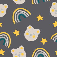 cute bears, stars and rainbow seamless pattern in trending color 2022. vector hand drawn. childrens wallpaper, textiles, decor. gray.