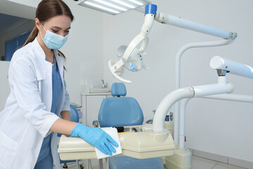 Professional dentist in white coat and medical mask cleaning workplace indoors