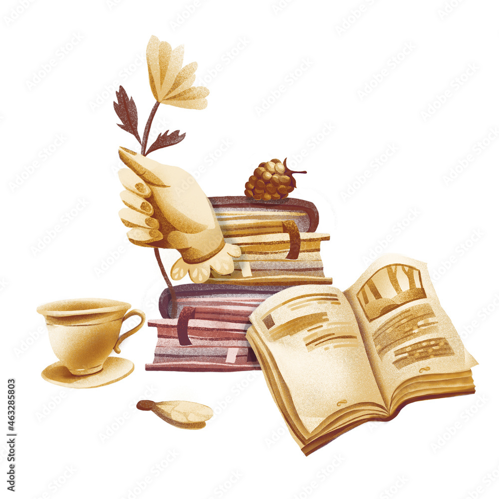 Wall mural Still life with a book.
A composition of cozy objects, books, tea, a hand with a flower, great for postcards, gift decoration or product design.