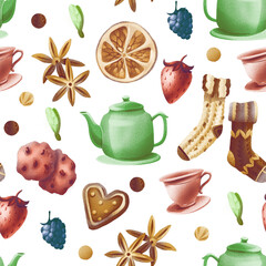Seamless pattern of cozy new year symbols. Warm socks, cookies, a teapot and a cup of tea.
Suitable for printing wrapping paper, postcards and gifts.