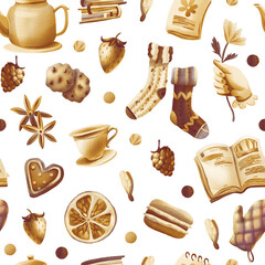 Seamless pattern of cozy new year symbols. Warm socks, cookies, a teapot and a cup of tea.
Suitable for printing wrapping paper, postcards and gifts.