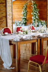 Festive table. Banquet table with wedding and festive serving. Wedding, birthday, party, event concept.