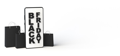 Black Friday banner with smartphone, and shopping bags. 3D illustration. Copy space.