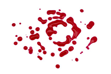 Red nail polish enamel drops sample, isolated on white background