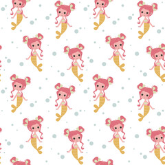 Obraz na płótnie Canvas Cute little mermaids with pink hair. Seamless pattern with girls on a white background. Vector illustration in minimalistic flat style. Children s print for textiles.