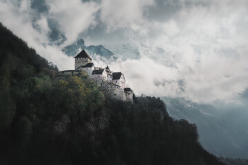 Vaduz Castle and Mountains - Vaduz, Liechtenstein .