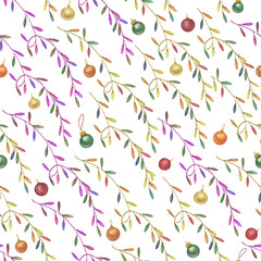 Christmas seamless pattern with elements of winter holidays. This New Year watercolor pattern is hand-drawn and is perfect for decorating gifts.
