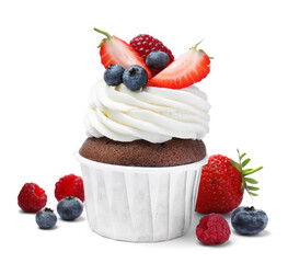Sweet cupcake with fresh berries on white background
