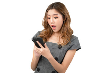 Asian woman looking exciting while looking at smartphone, Isolated on white background.
