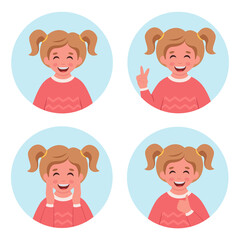 Girl with dental braces. Dental care. Little girl portrait in circular frame. Vector illustration