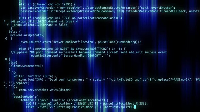 Vertical blue stripes show through text that quickly appears on a black screen. Cinematic code.