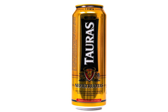 MINSK, BELARUS - OCT 14, 2021: aluminum can of beer Tauras on white isolated background