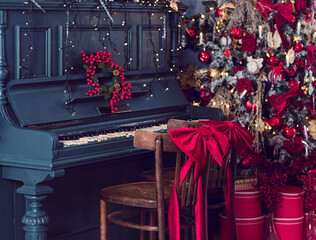 Christmas eve, piano with decor. New Year © Elina Leonova