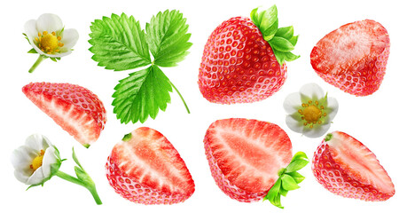 Set of six strawberries - cut and whole with leaves and flowers isolated on a white background.