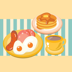 a simple breakfast with fried eggs, hams and sausages. served with pancakes and coffee.