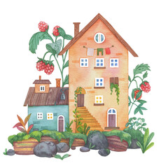 Illustration of a cute house among forest plants and raspberries. Hand-drawn watercolor illustration for postcards, packaging design or print on posters.