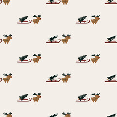 Deer with a Christmas tree on a sleigh seamless pattern