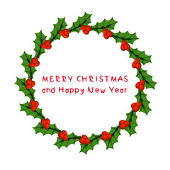 Merry Christmas and new year colorful wreath with text. Bright vector decor for web and print. 