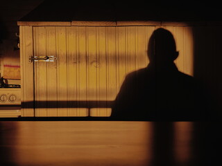 silhouette of a person in front of a locked cabinet with a flat latch clasp