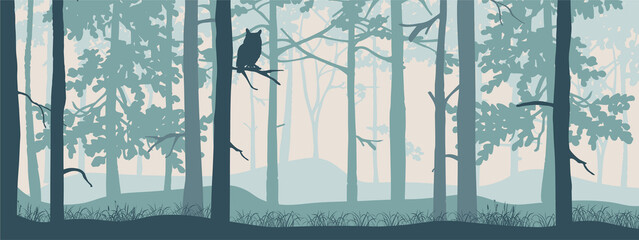 Horizontal banner of forest background, silhouettes of trees, owl on branch. Magical misty landscape, fog. Blue and gray illustration. Bookmark. 