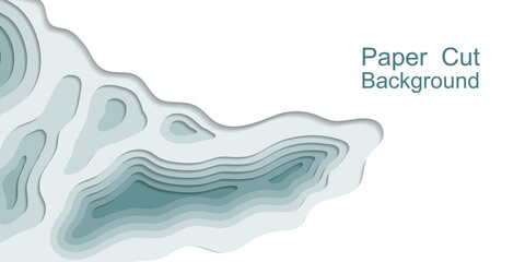 Paper cut topography 3d background. Multi layers, origami relief map. Sea water papercut web banner, smooth topo lines, teal color modern trensy design. Vector illustration.